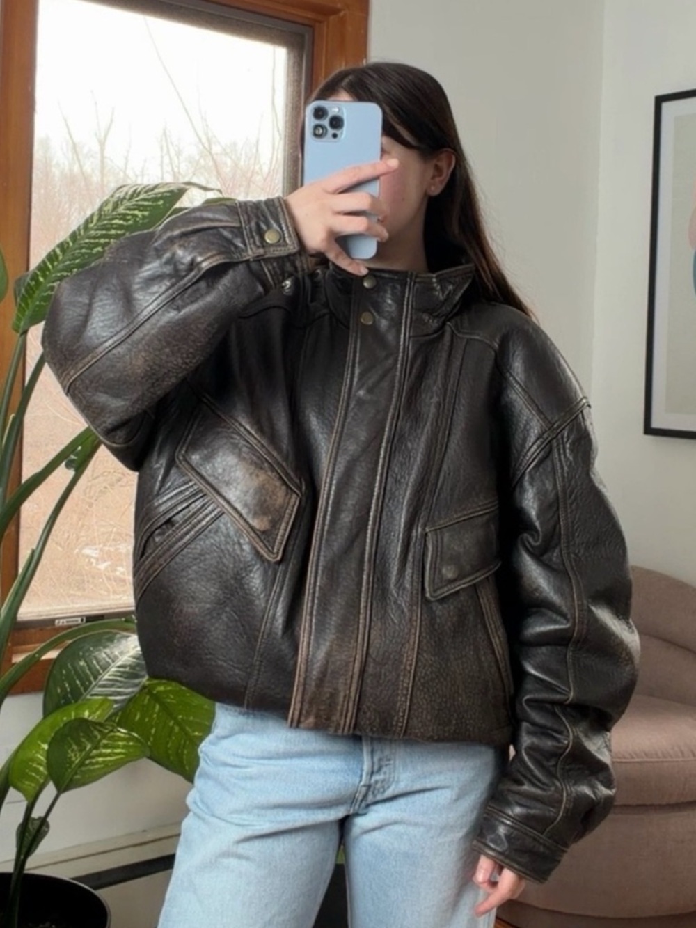 Vintage 90s Soft Brown Leather Bomber Jacket Men’s Large Distressed Faded Patina